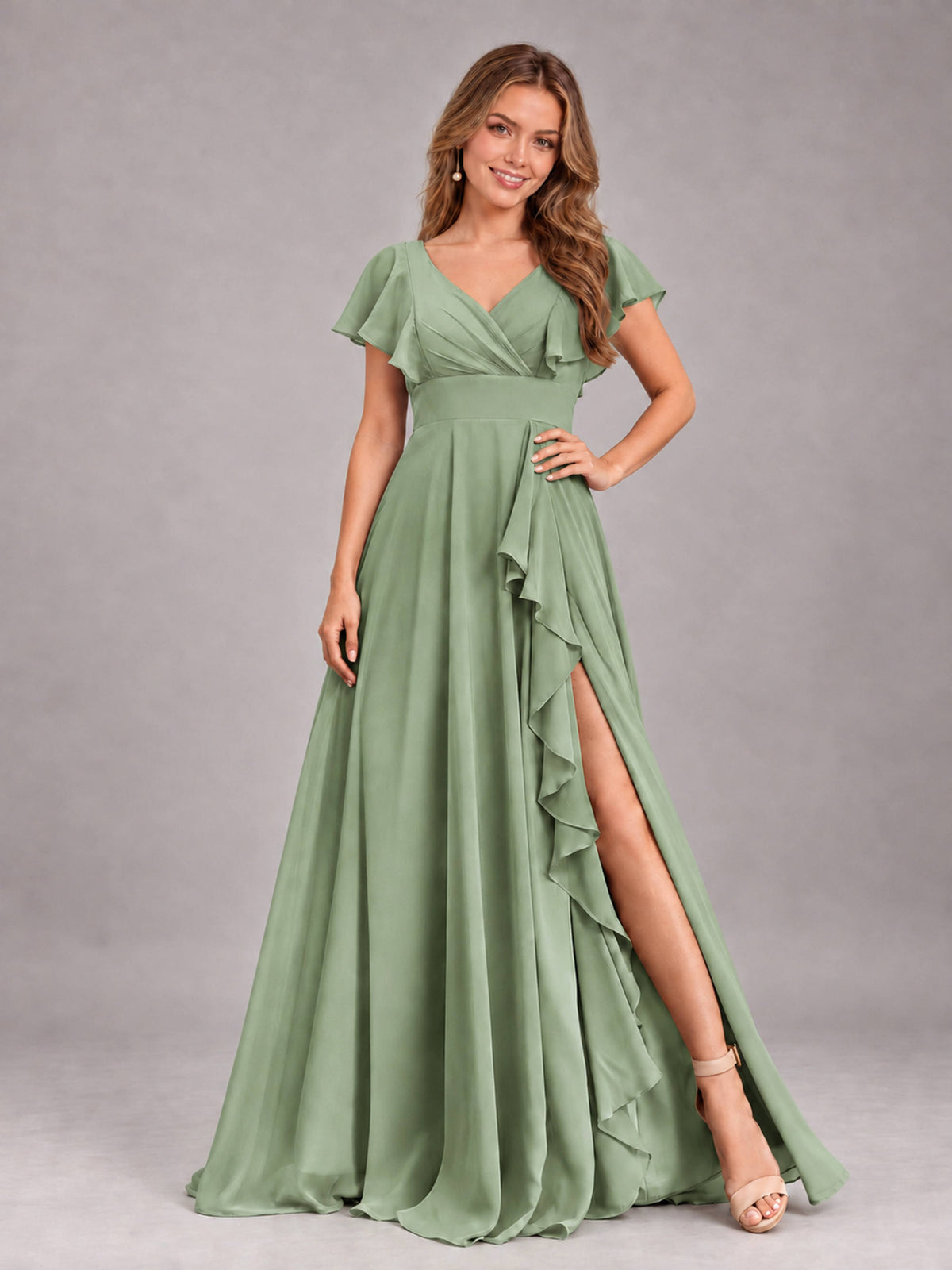 Sage Green Modest V-Neck Ruffles Floor Length Chiffon Bridesmaid Dress