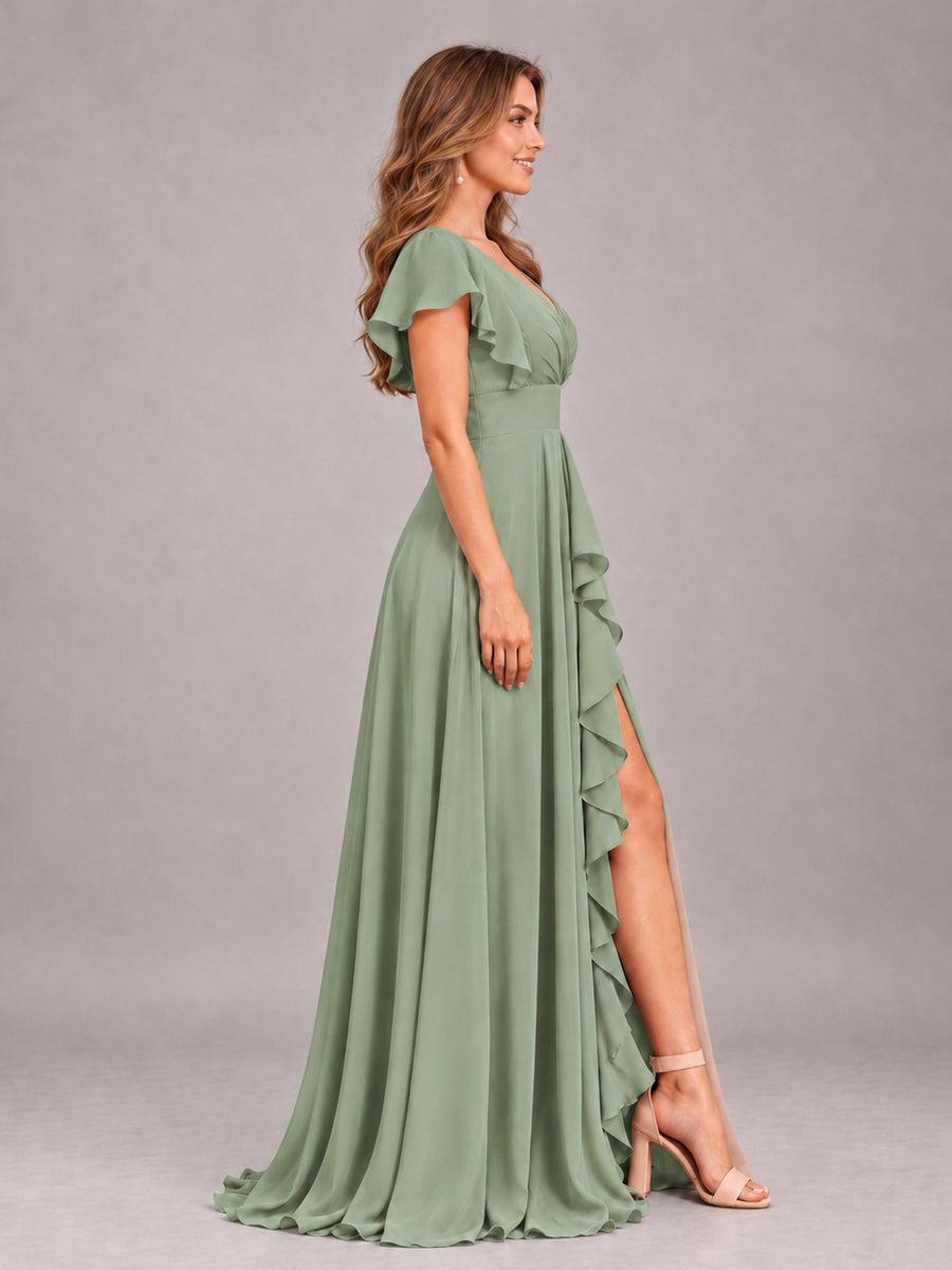 Sage Green Modest V-Neck Ruffles Floor Length Chiffon Bridesmaid Dress