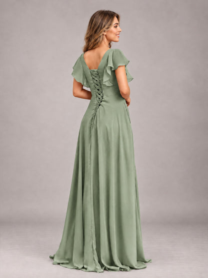 Sage Green Modest V-Neck Ruffles Floor Length Chiffon Bridesmaid Dress