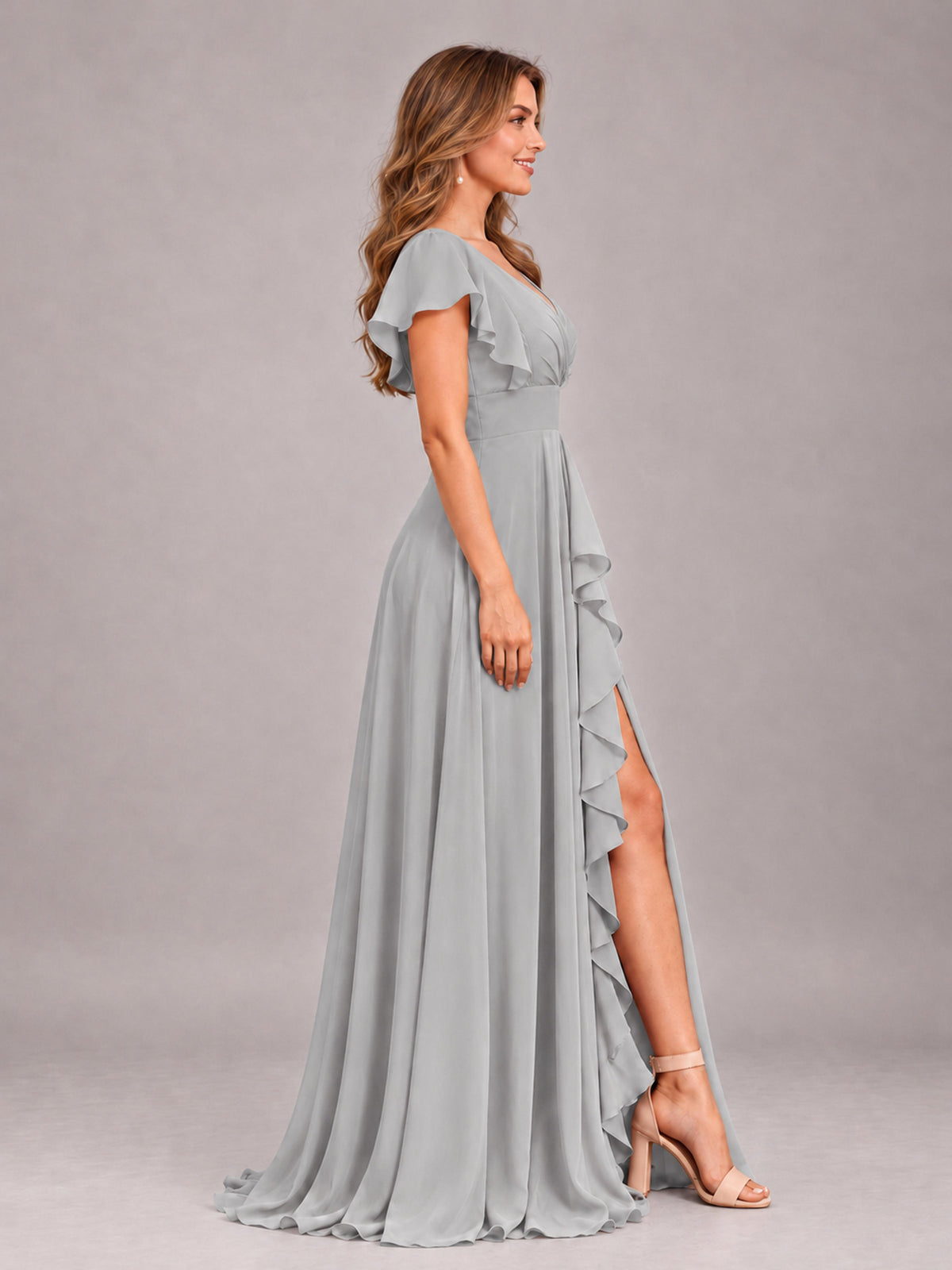 Silver Modest V-Neck Ruffles Floor Length Chiffon Bridesmaid Dress