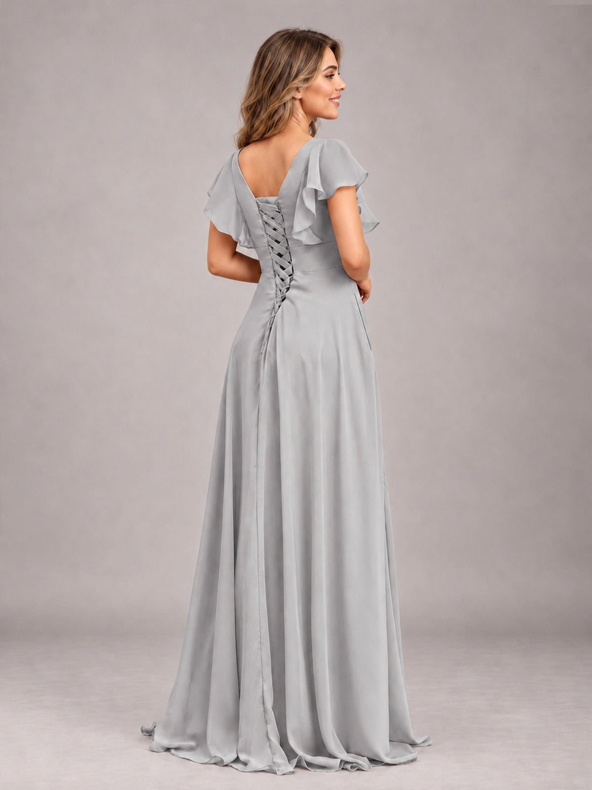 Silver Modest V-Neck Ruffles Floor Length Chiffon Bridesmaid Dress