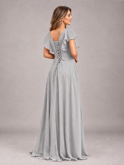 Silver Modest V-Neck Ruffles Floor Length Chiffon Bridesmaid Dress