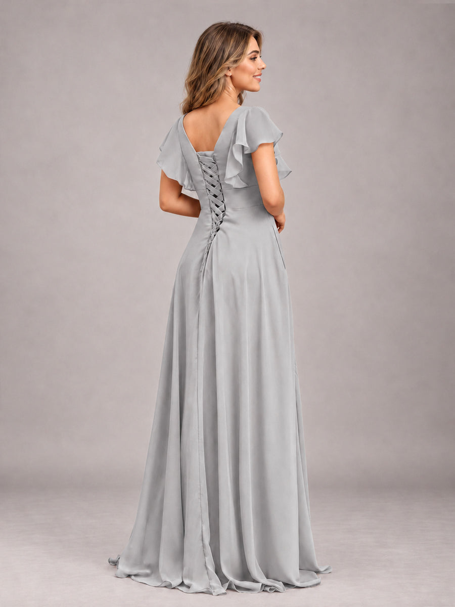 Silver Modest V-Neck Ruffles Floor Length Chiffon Bridesmaid Dress