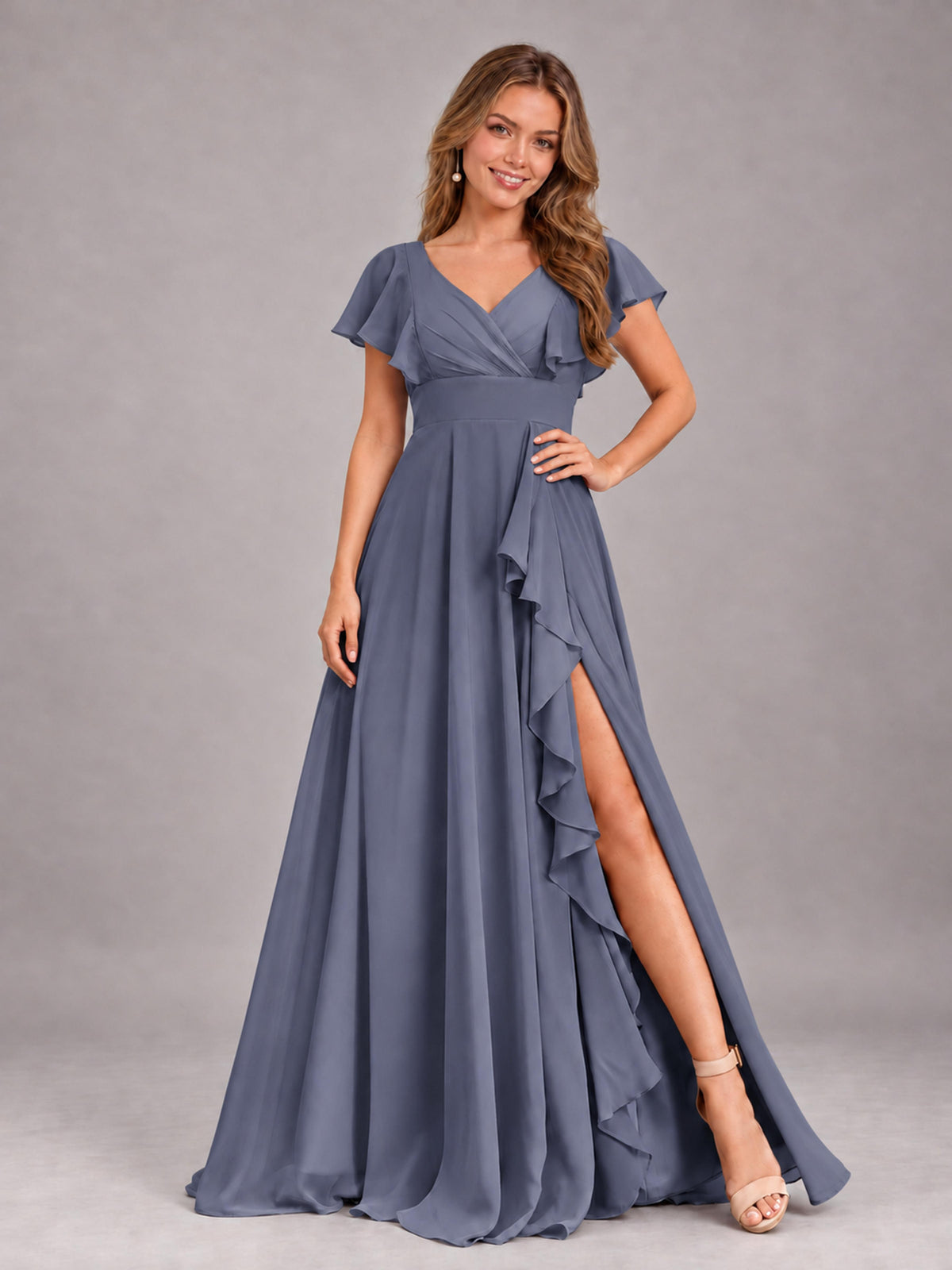 Stormy Blue Modest V-Neck Ruffles Floor Length Chiffon Bridesmaid Dress