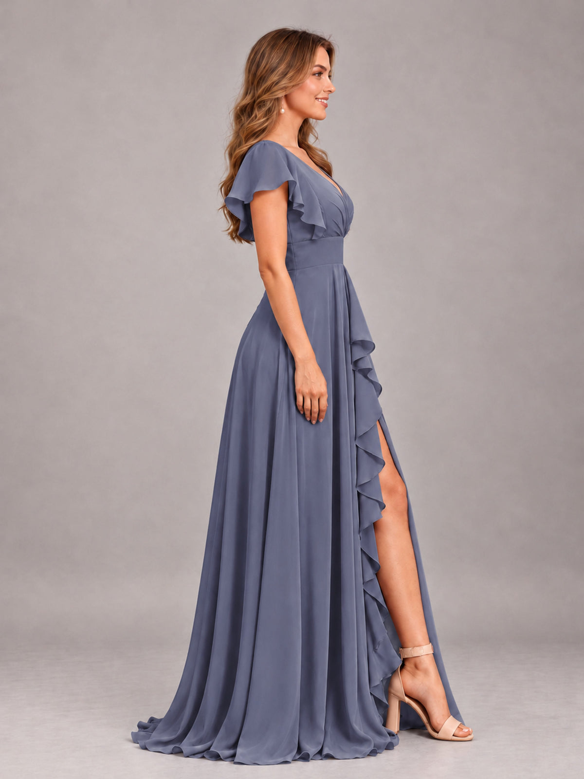 Stormy Blue Modest V-Neck Ruffles Floor Length Chiffon Bridesmaid Dress