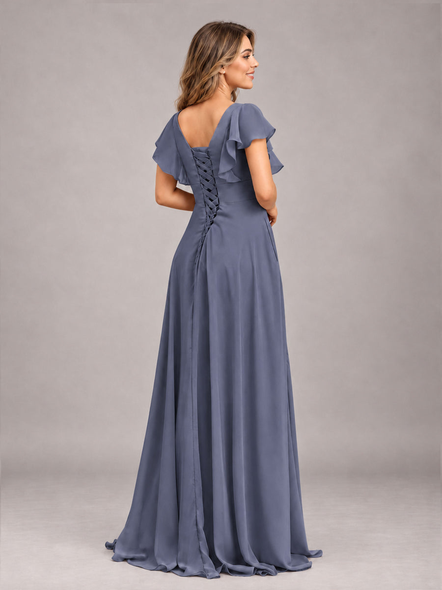 Stormy Blue Modest V-Neck Ruffles Floor Length Chiffon Bridesmaid Dress