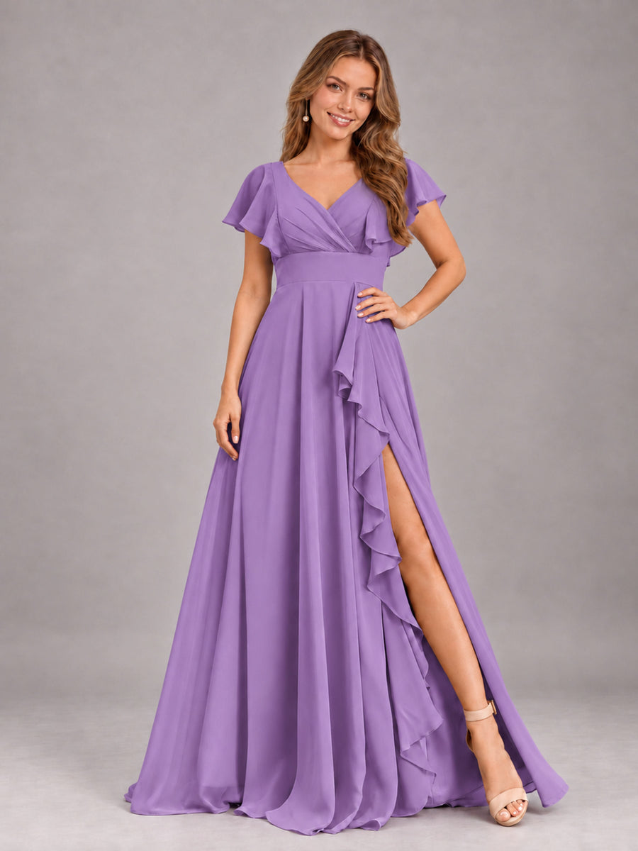 Tahiti Modest V-Neck Ruffles Floor Length Chiffon Bridesmaid Dress