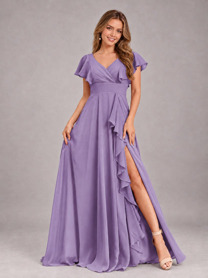 Tahiti Modest V-Neck Ruffles Floor Length Chiffon Bridesmaid Dress