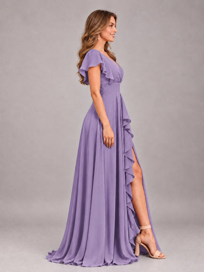 Tahiti Modest V-Neck Ruffles Floor Length Chiffon Bridesmaid Dress