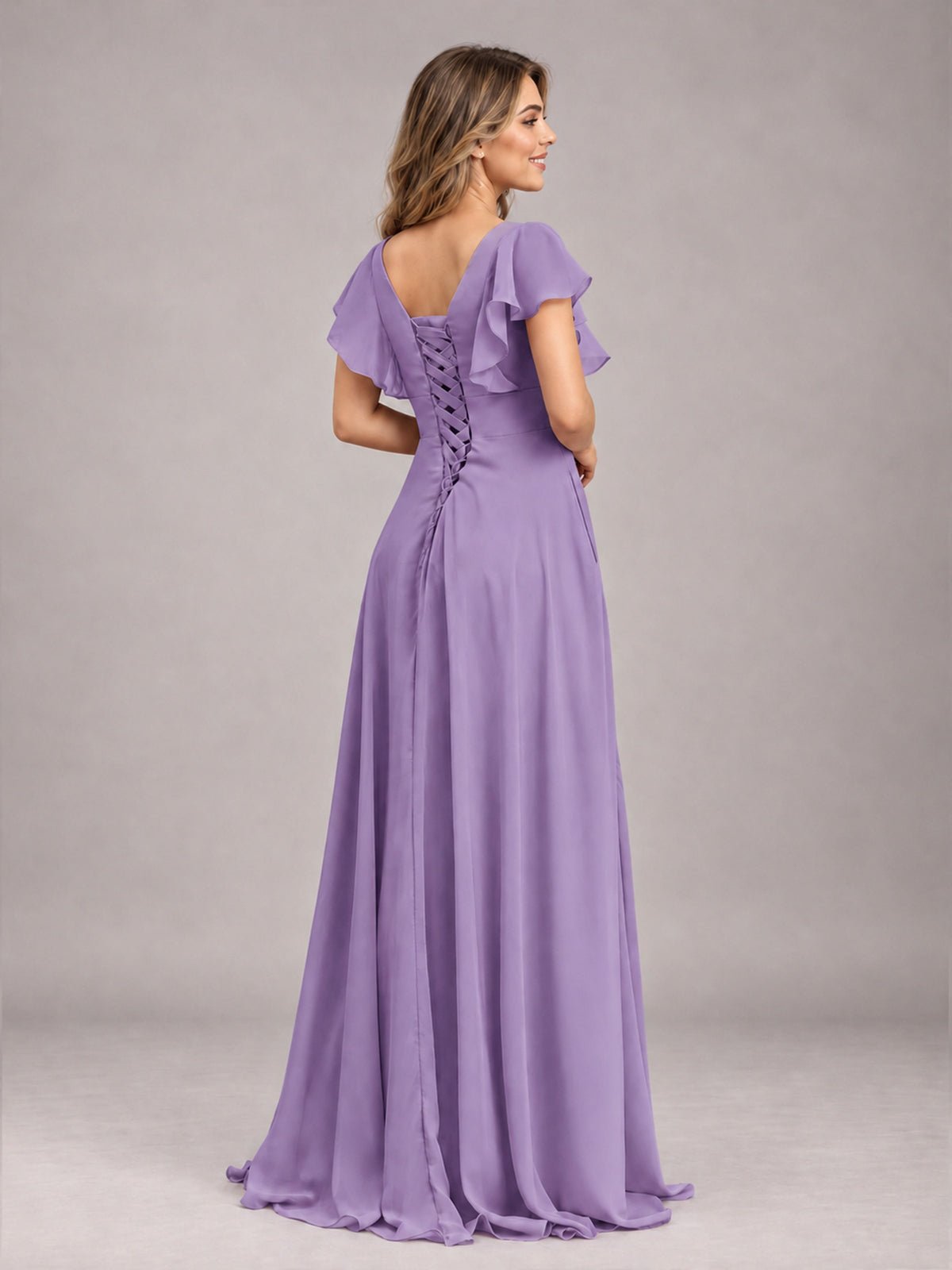 Tahiti Modest V-Neck Ruffles Floor Length Chiffon Bridesmaid Dress