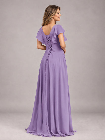 Tahiti Modest V-Neck Ruffles Floor Length Chiffon Bridesmaid Dress