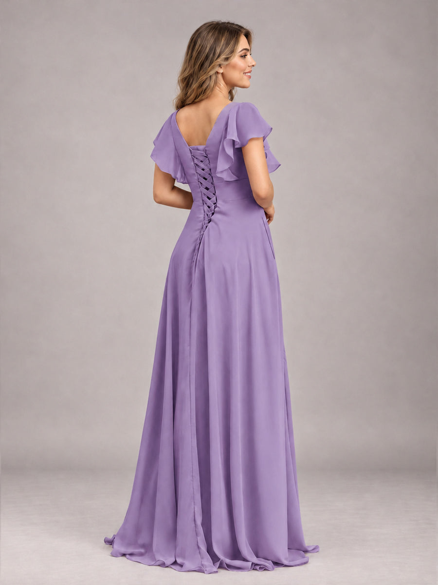 Tahiti Modest V-Neck Ruffles Floor Length Chiffon Bridesmaid Dress