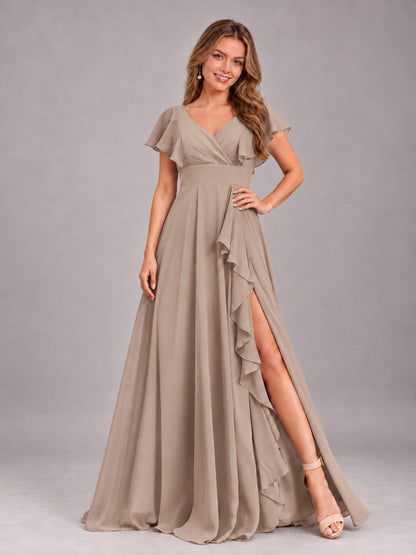 Taupe Modest V-Neck Ruffles Floor Length Chiffon Bridesmaid Dress