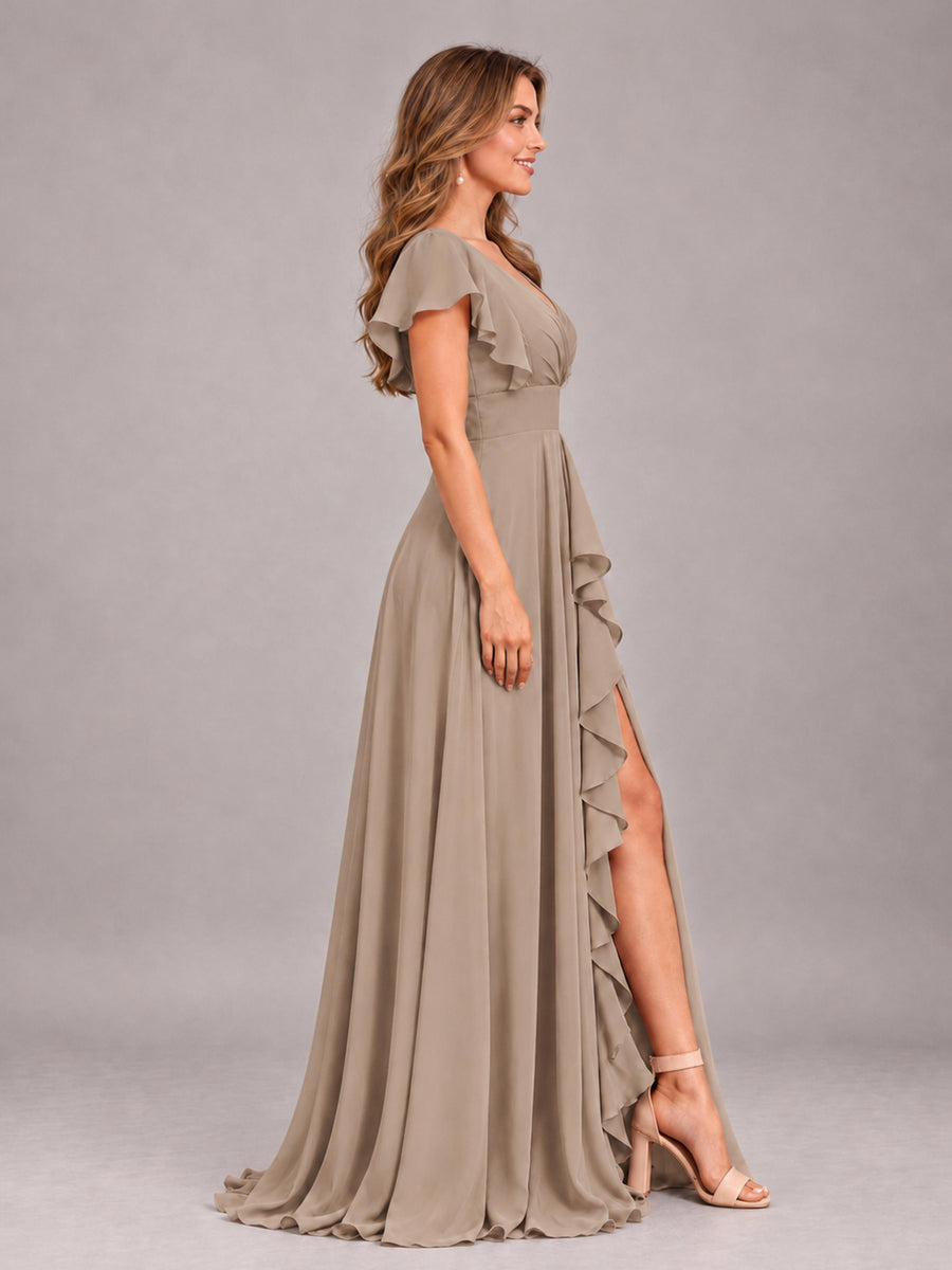 Taupe Modest V-Neck Ruffles Floor Length Chiffon Bridesmaid Dress