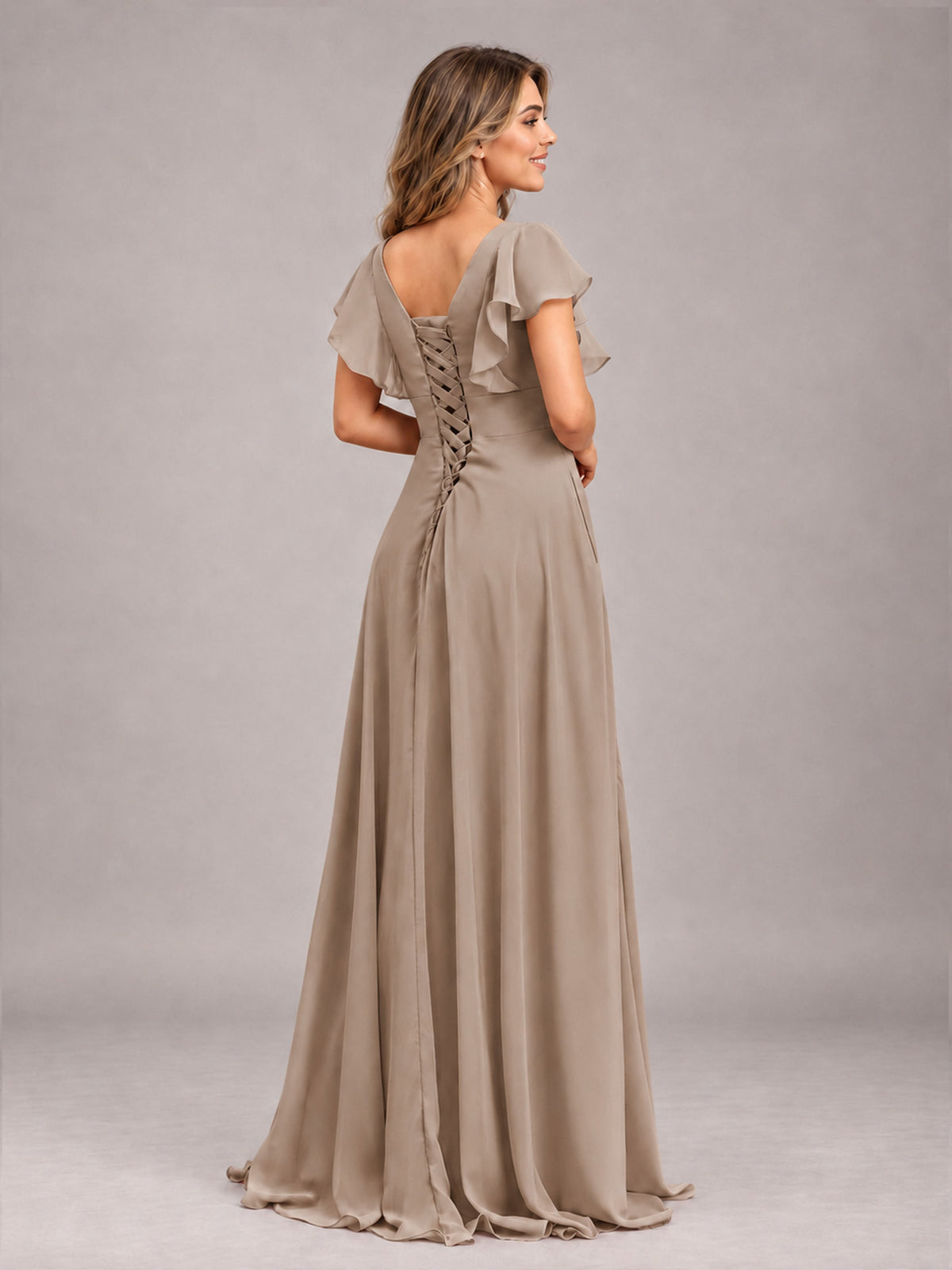 Taupe Modest V-Neck Ruffles Floor Length Chiffon Bridesmaid Dress