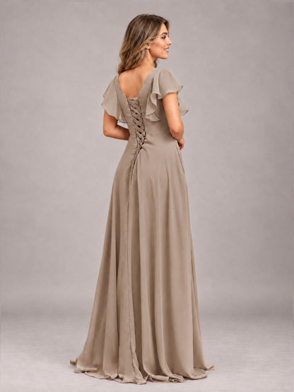 Taupe Modest V-Neck Ruffles Floor Length Chiffon Bridesmaid Dress