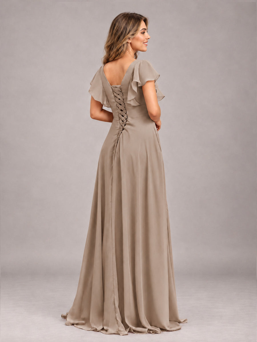 Taupe Modest V-Neck Ruffles Floor Length Chiffon Bridesmaid Dress