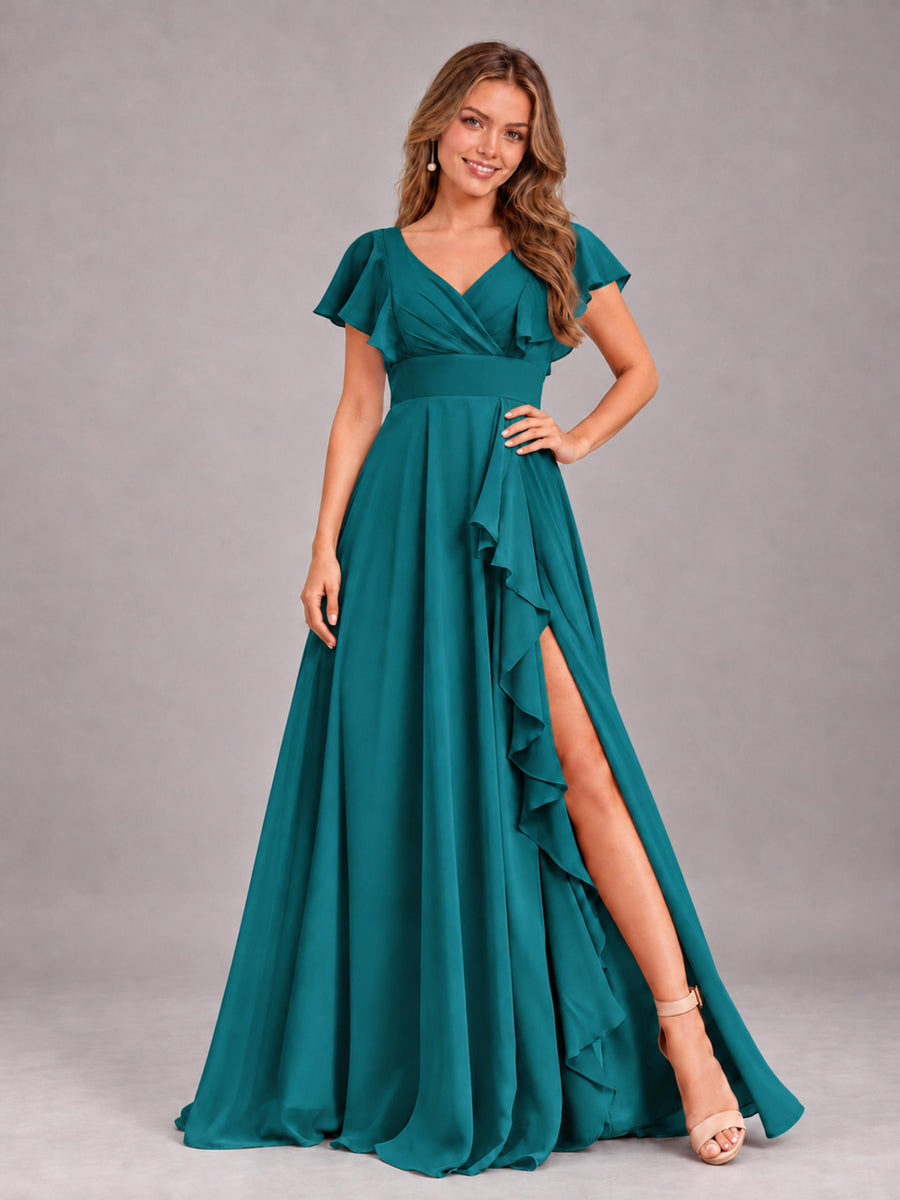 Teal Modest V-Neck Ruffles Floor Length Chiffon Bridesmaid Dress