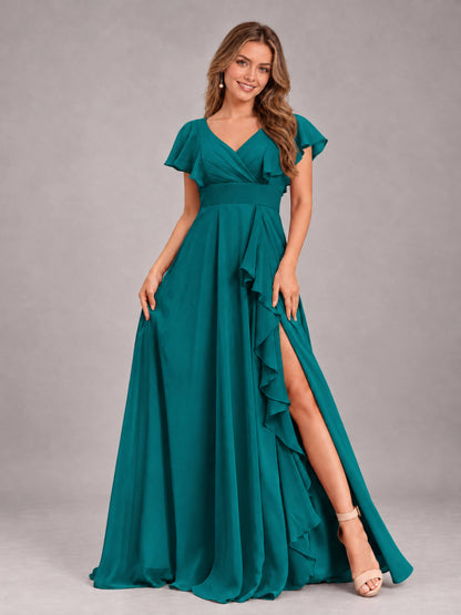 Teal Modest V-Neck Ruffles Floor Length Chiffon Bridesmaid Dress