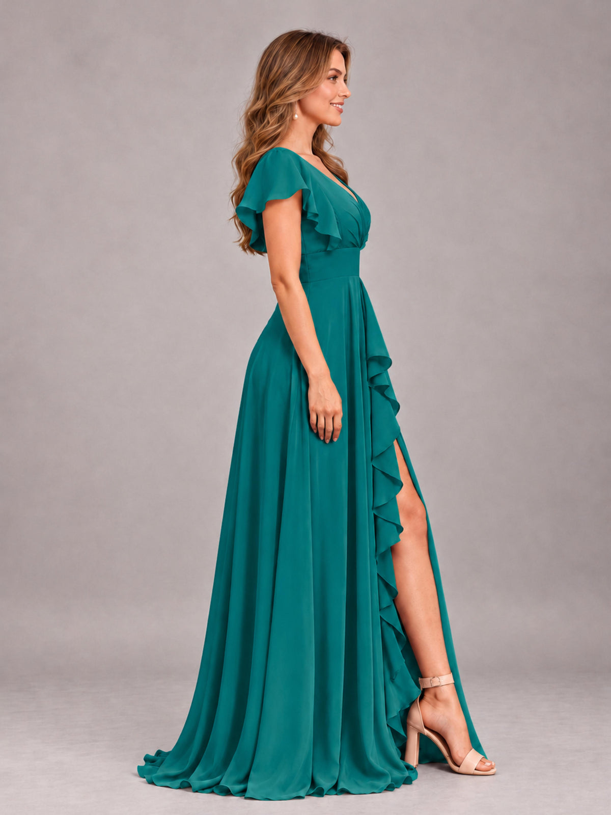 Teal Modest V-Neck Ruffles Floor Length Chiffon Bridesmaid Dress