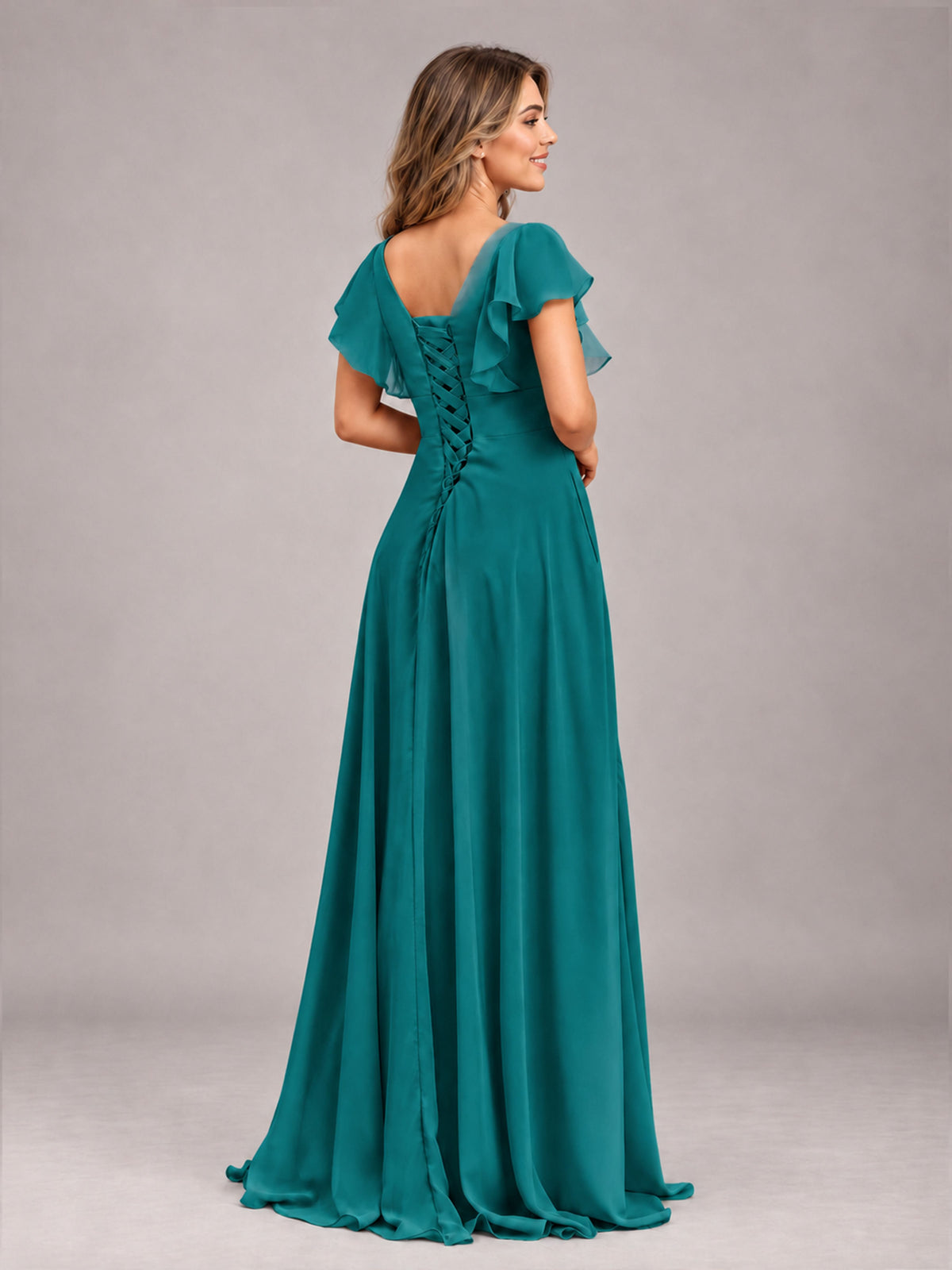 Teal Modest V-Neck Ruffles Floor Length Chiffon Bridesmaid Dress
