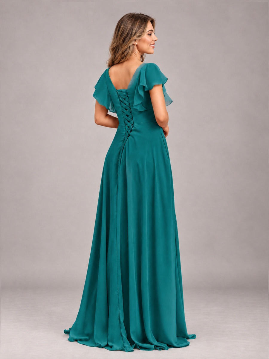 Teal Modest V-Neck Ruffles Floor Length Chiffon Bridesmaid Dress