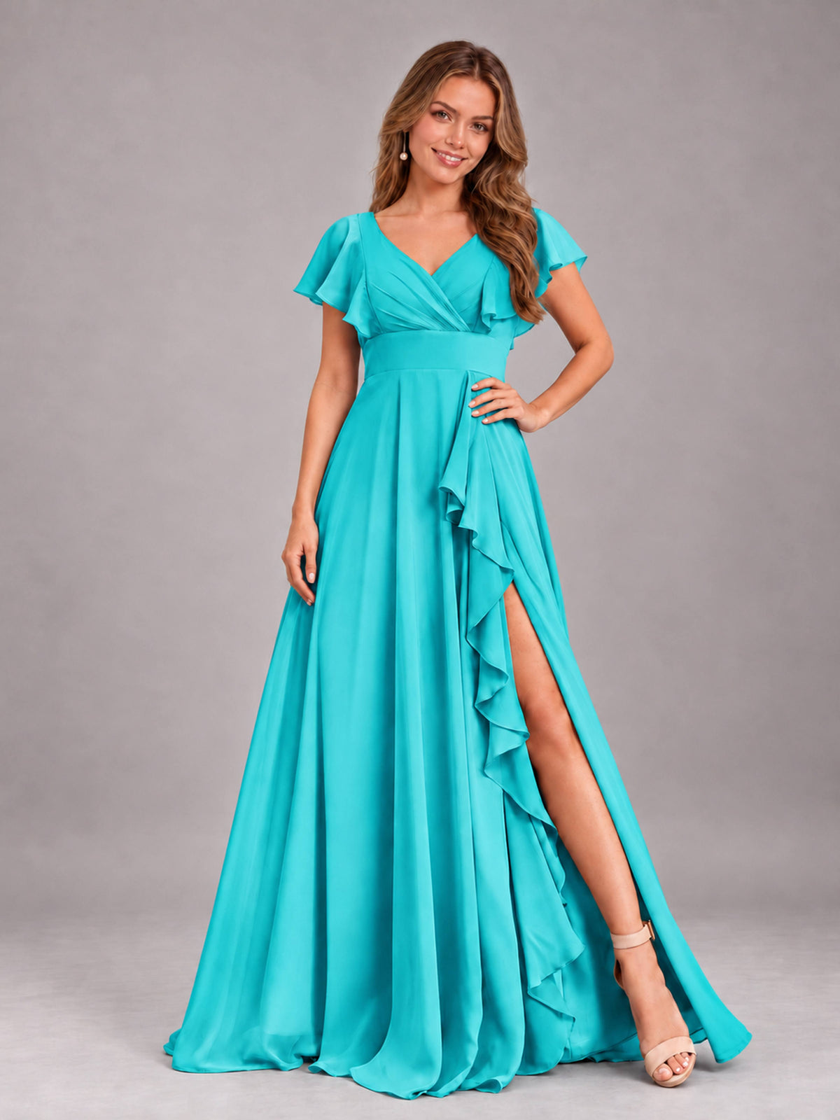 Turquoise Modest V-Neck Ruffles Floor Length Chiffon Bridesmaid Dress
