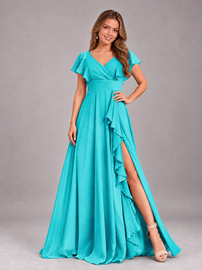 Turquoise Modest V-Neck Ruffles Floor Length Chiffon Bridesmaid Dress