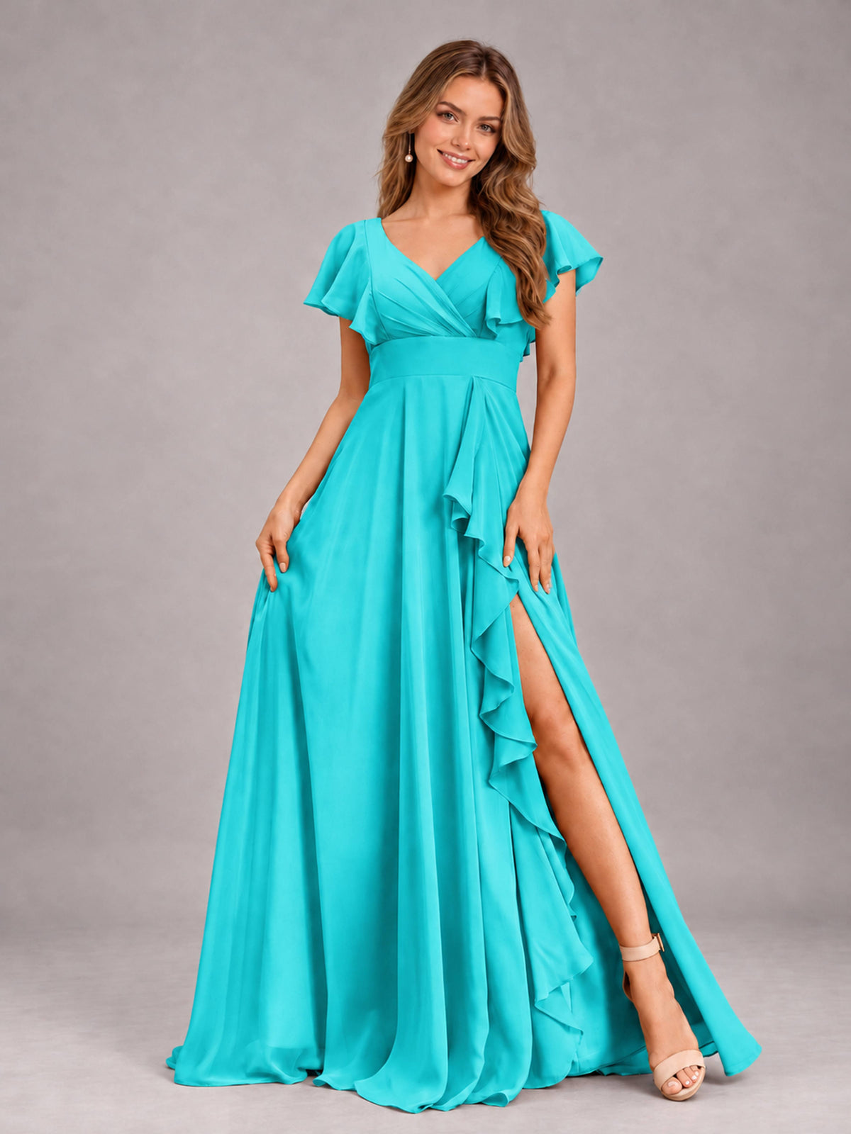 Turquoise Modest V-Neck Ruffles Floor Length Chiffon Bridesmaid Dress