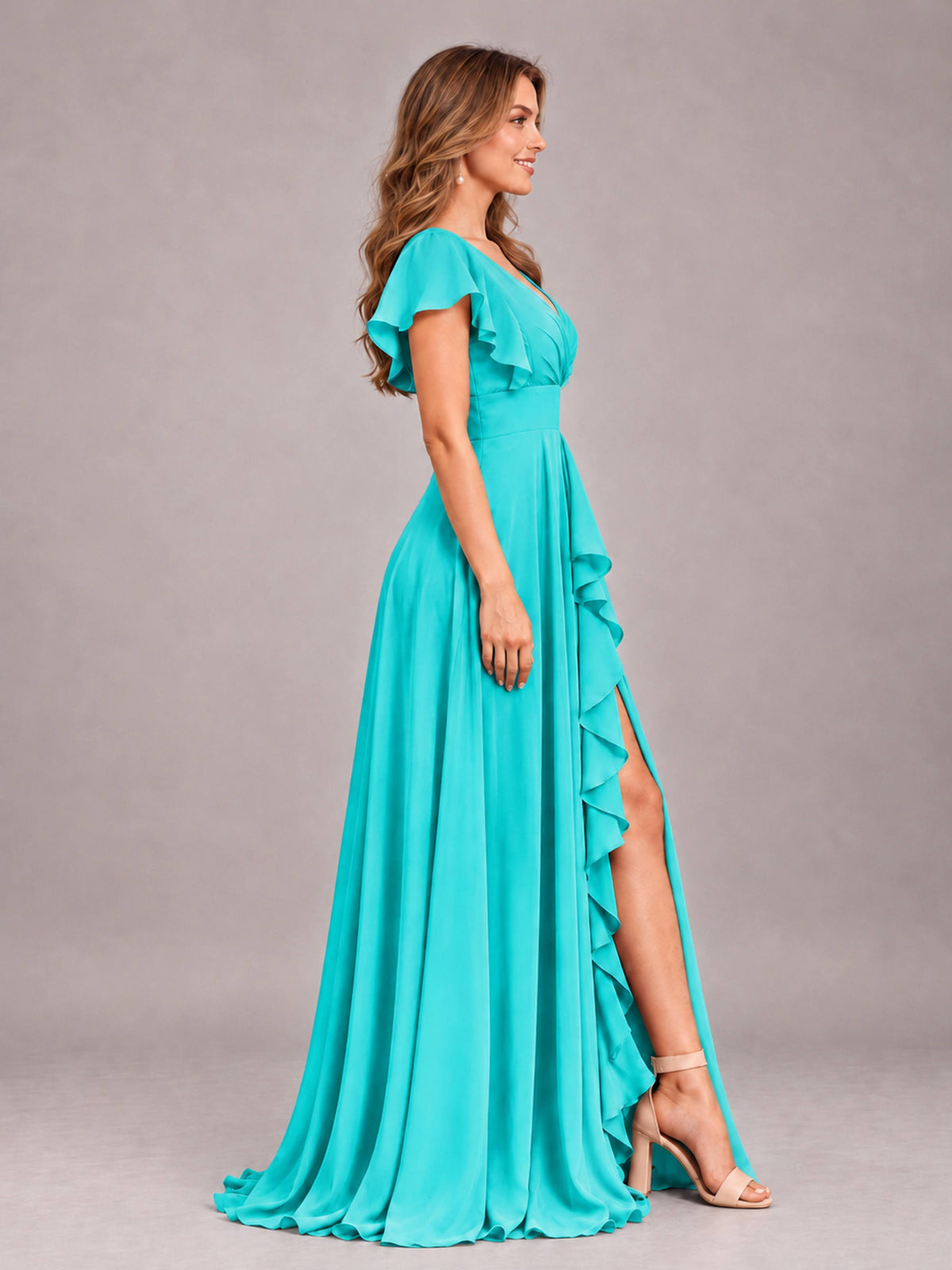 Turquoise Modest V-Neck Ruffles Floor Length Chiffon Bridesmaid Dress