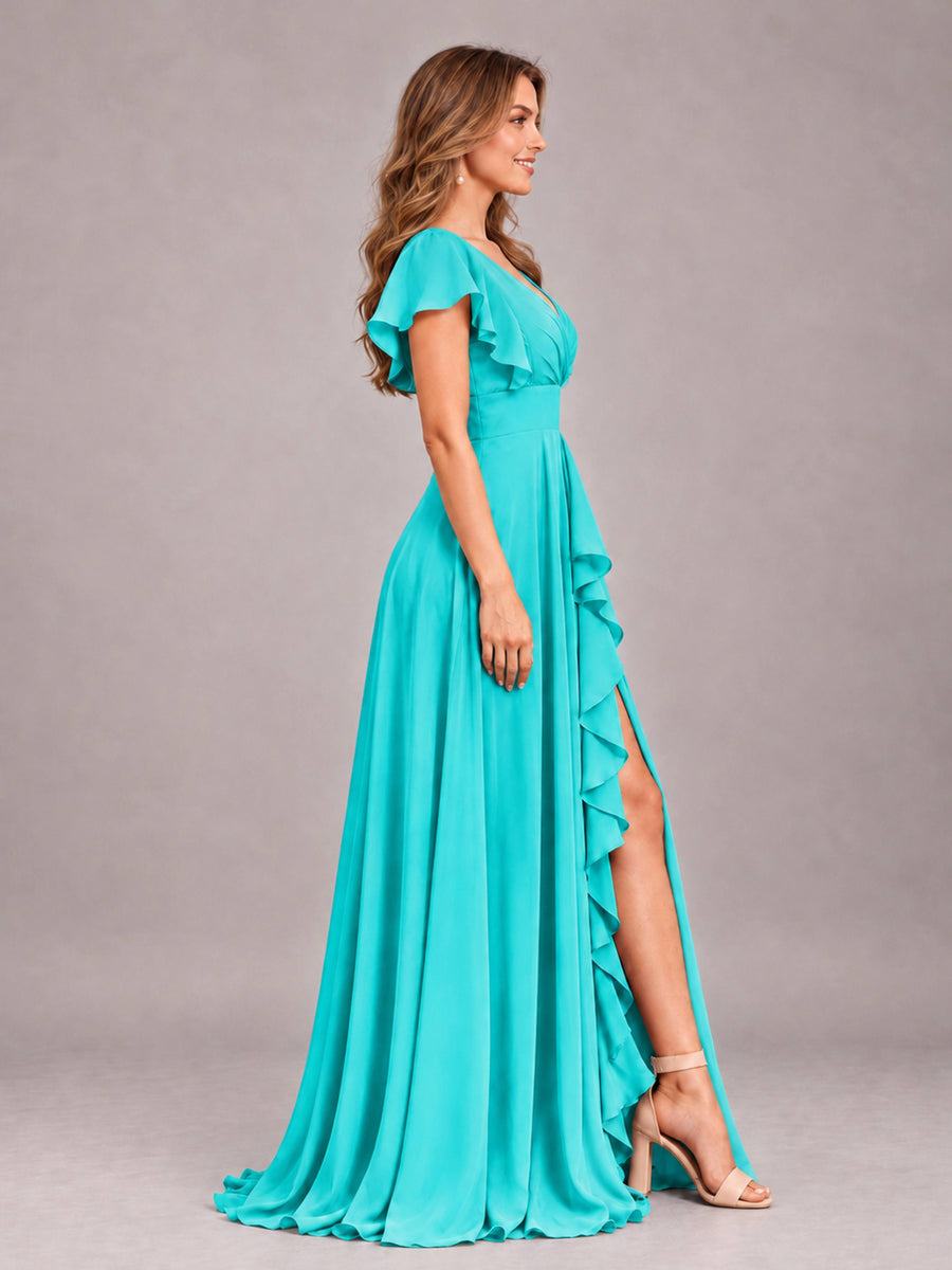 Turquoise Modest V-Neck Ruffles Floor Length Chiffon Bridesmaid Dress