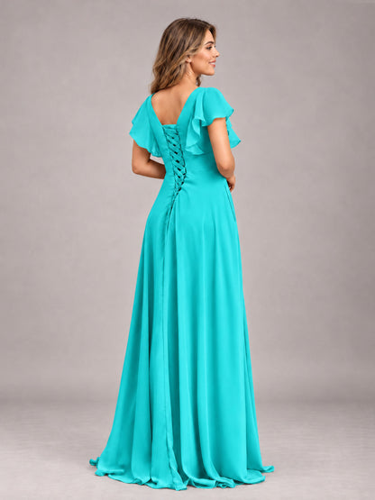 Turquoise Modest V-Neck Ruffles Floor Length Chiffon Bridesmaid Dress