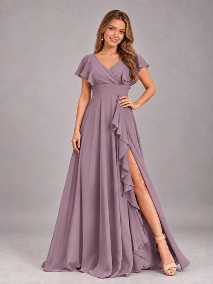Wisteria Modest V-Neck Ruffles Floor Length Chiffon Bridesmaid Dress