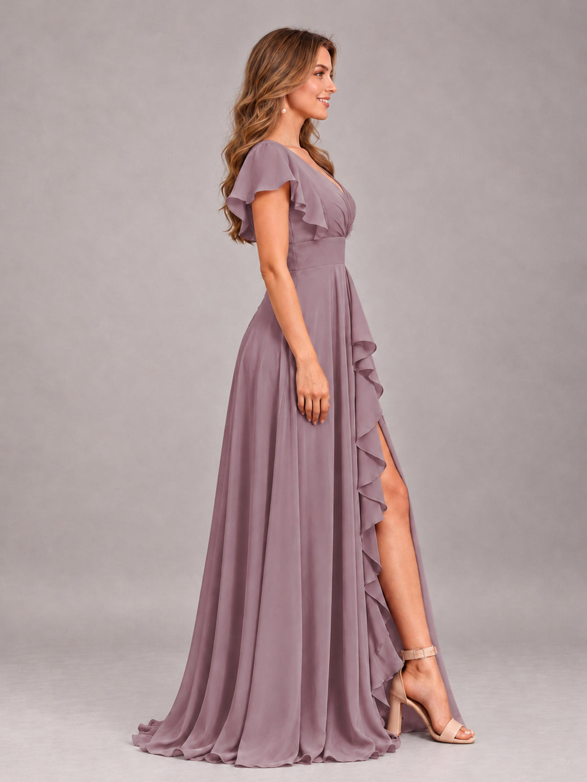 Wisteria Modest V-Neck Ruffles Floor Length Chiffon Bridesmaid Dress
