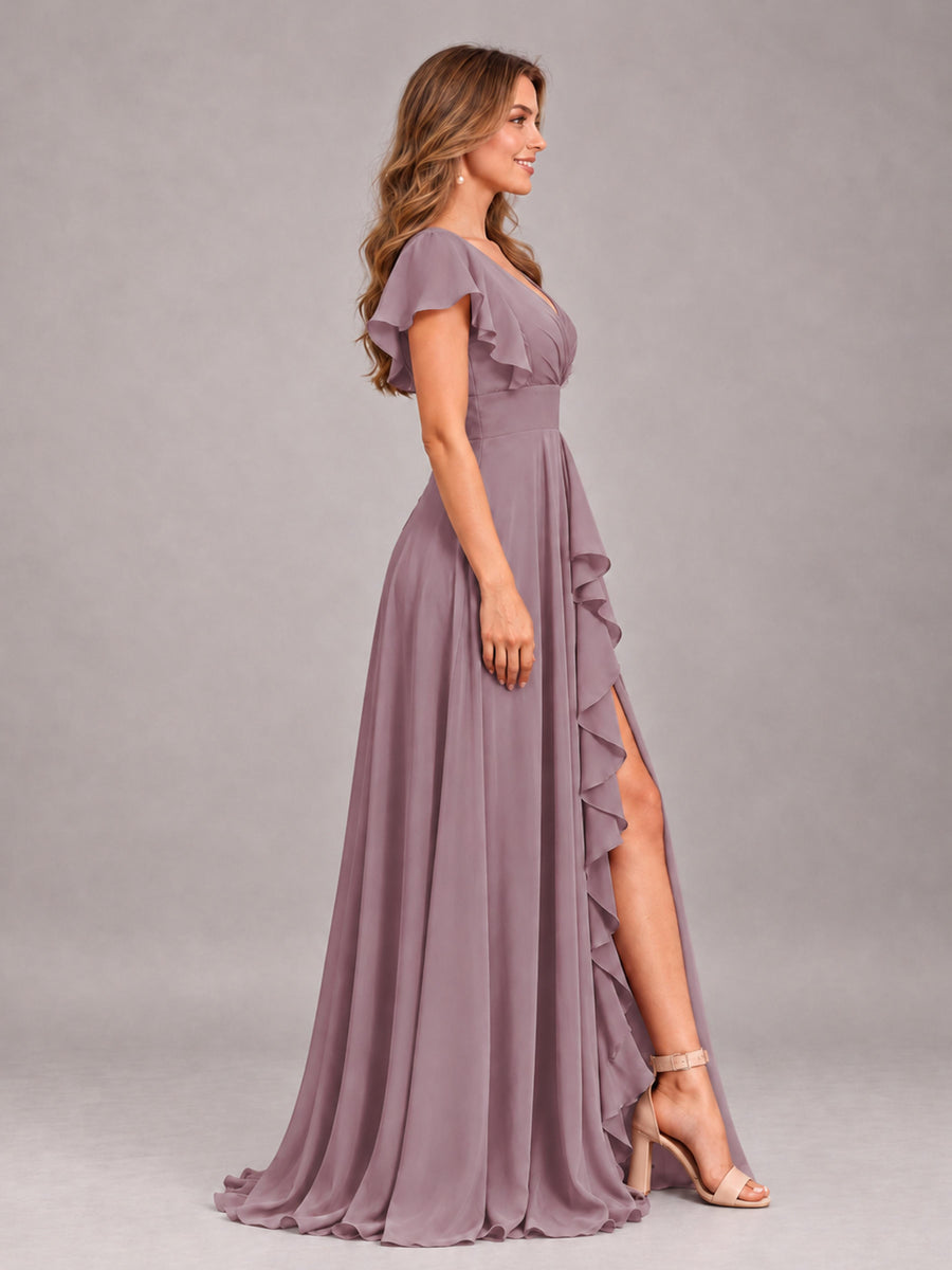 Wisteria Modest V-Neck Ruffles Floor Length Chiffon Bridesmaid Dress