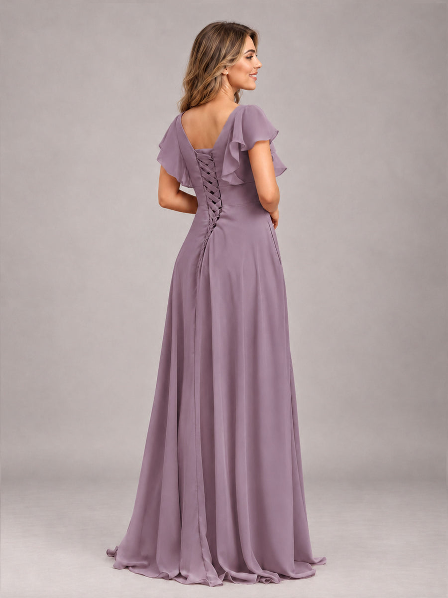 Wisteria Modest V-Neck Ruffles Floor Length Chiffon Bridesmaid Dress