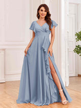 Modest V-Neck Ruffles Floor Length Chiffon Bridesmaid Dresses