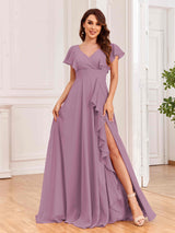 Modest V-Neck Ruffles Floor Length Chiffon Bridesmaid Dresses