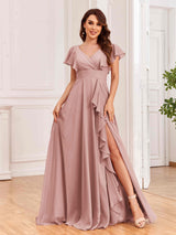 Modest V-Neck Ruffles Floor Length Chiffon Bridesmaid Dresses