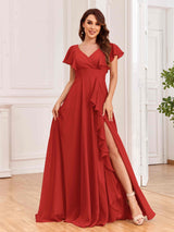 Modest V-Neck Ruffles Floor Length Chiffon Bridesmaid Dresses
