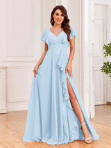 Modest V-Neck Ruffles Floor Length Chiffon Bridesmaid Dresses