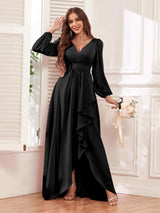 Modest V Neck Ruffles Long Sleeves Maid of Honor Bridesmaid Dresses