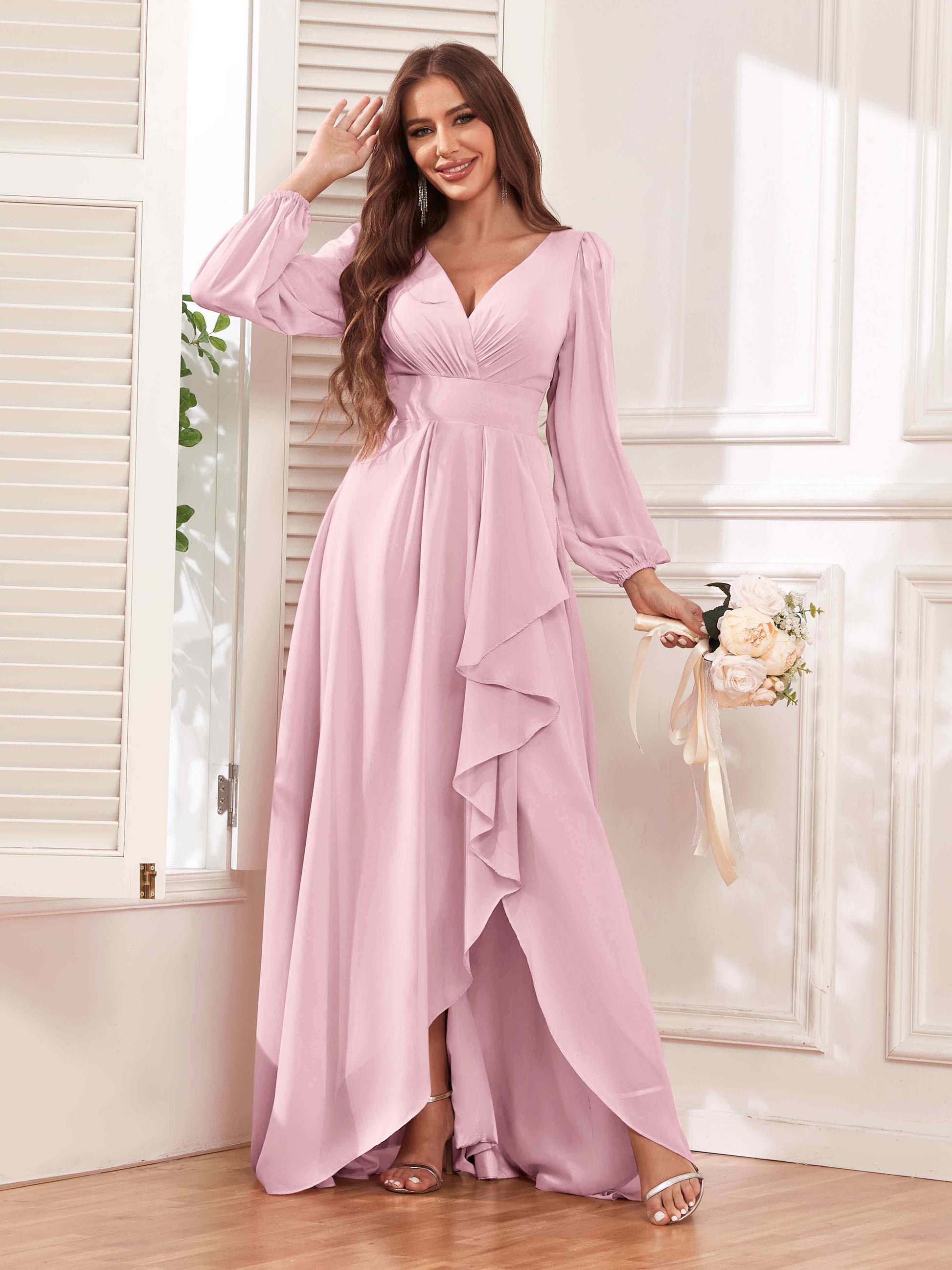 Modest V Neck Ruffles Long Sleeves Maid of Honor Bridesmaid Dresses mollyevers.com Modest V Neck Ruffles Long Sleeves Maid of Honor Bridesmaid Dresses mollyevers.com