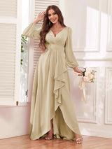 Modest V Neck Ruffles Long Sleeves Maid of Honor Bridesmaid Dresses