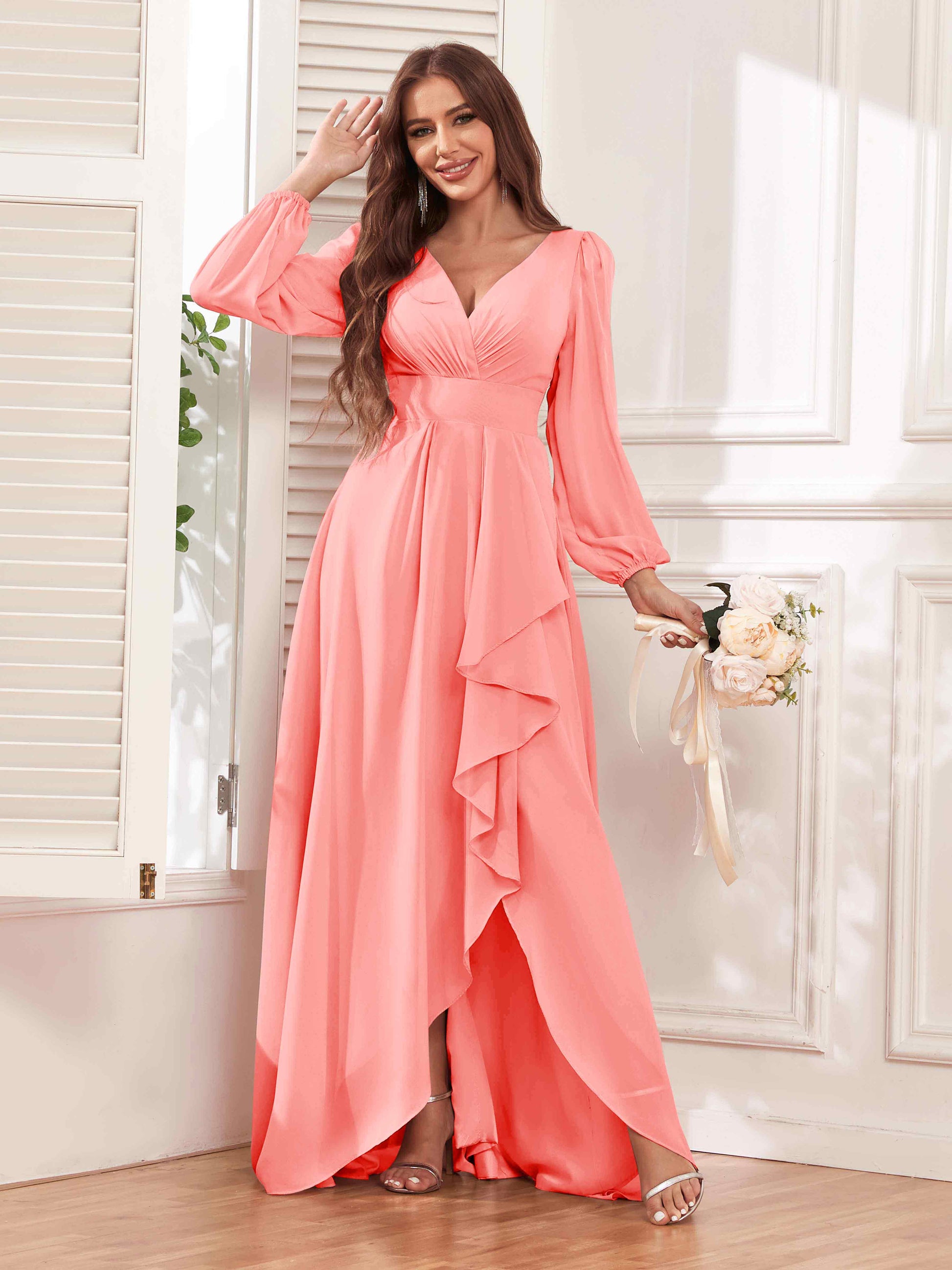 Modest V Neck Ruffles Long Sleeves Maid of Honor Bridesmaid Dresses mollyevers.com Modest V Neck Ruffles Long Sleeves Maid of Honor Bridesmaid Dresses mollyevers.com