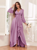Modest V Neck Ruffles Long Sleeves Maid of Honor Bridesmaid Dresses