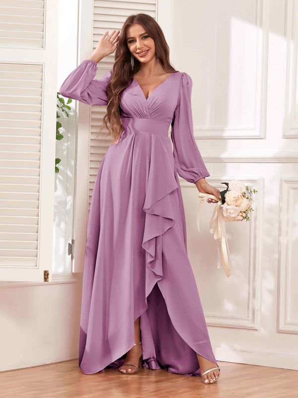 Dusty Purple Modest V Neck Ruffles Long Sleeves Maid of Honor Bridesmaid Dresses