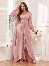 Modest V Neck Ruffles Long Sleeves Maid of Honor Bridesmaid Dresses