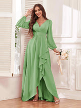Modest V Neck Ruffles Long Sleeves Maid of Honor Bridesmaid Dresses