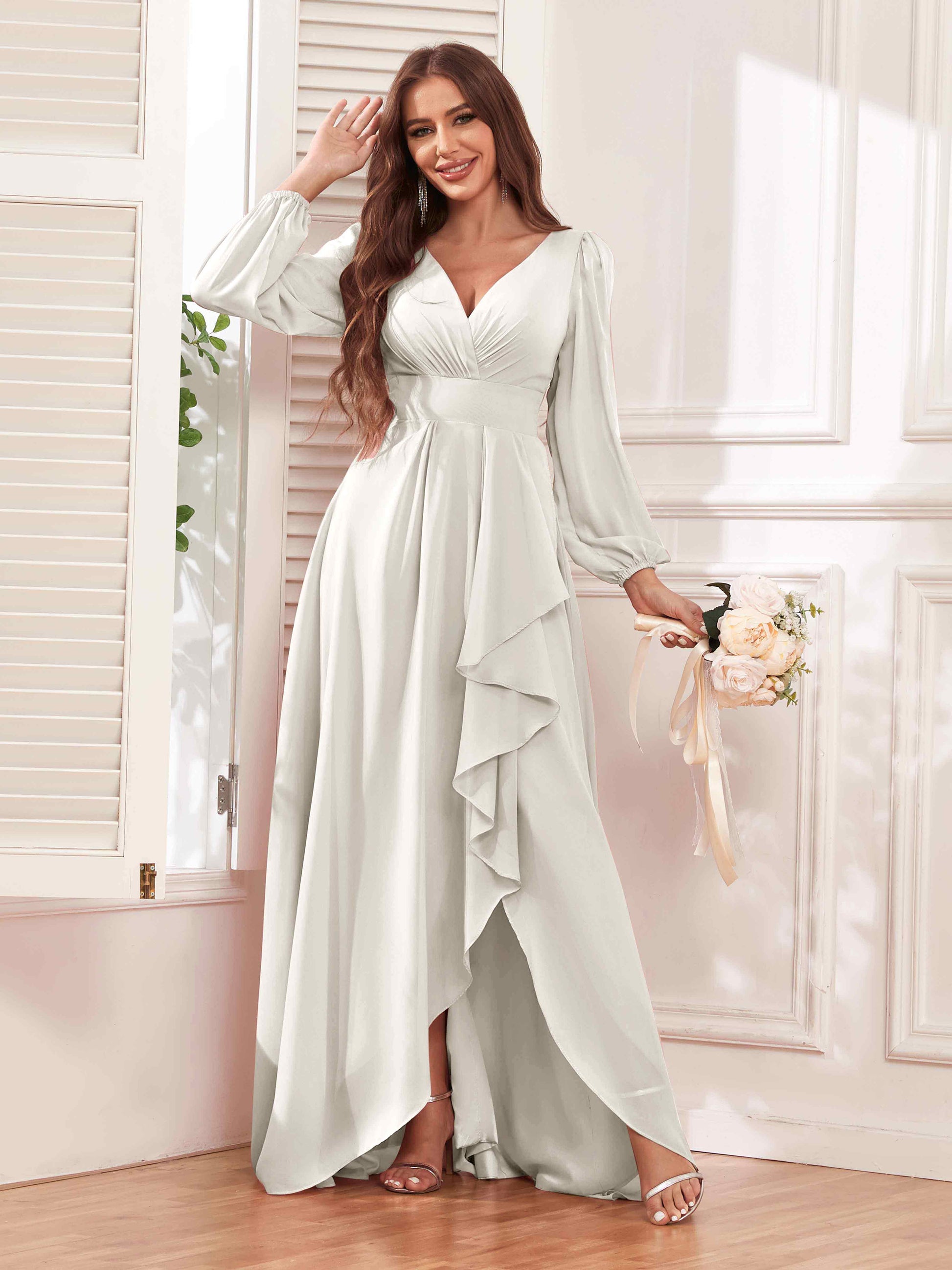 Modest V Neck Ruffles Long Sleeves Maid of Honor Bridesmaid Dresses mollyevers.com Modest V Neck Ruffles Long Sleeves Maid of Honor Bridesmaid Dresses mollyevers.com